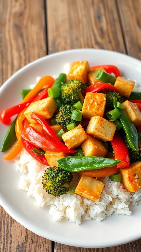 A colorful vegan stir-fry with bell peppers, broccoli, snap peas, and tofu served over rice, garnished with sesame seeds and green onions.